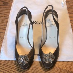 Louboutin satin chocolate peep toe w/ embellishment